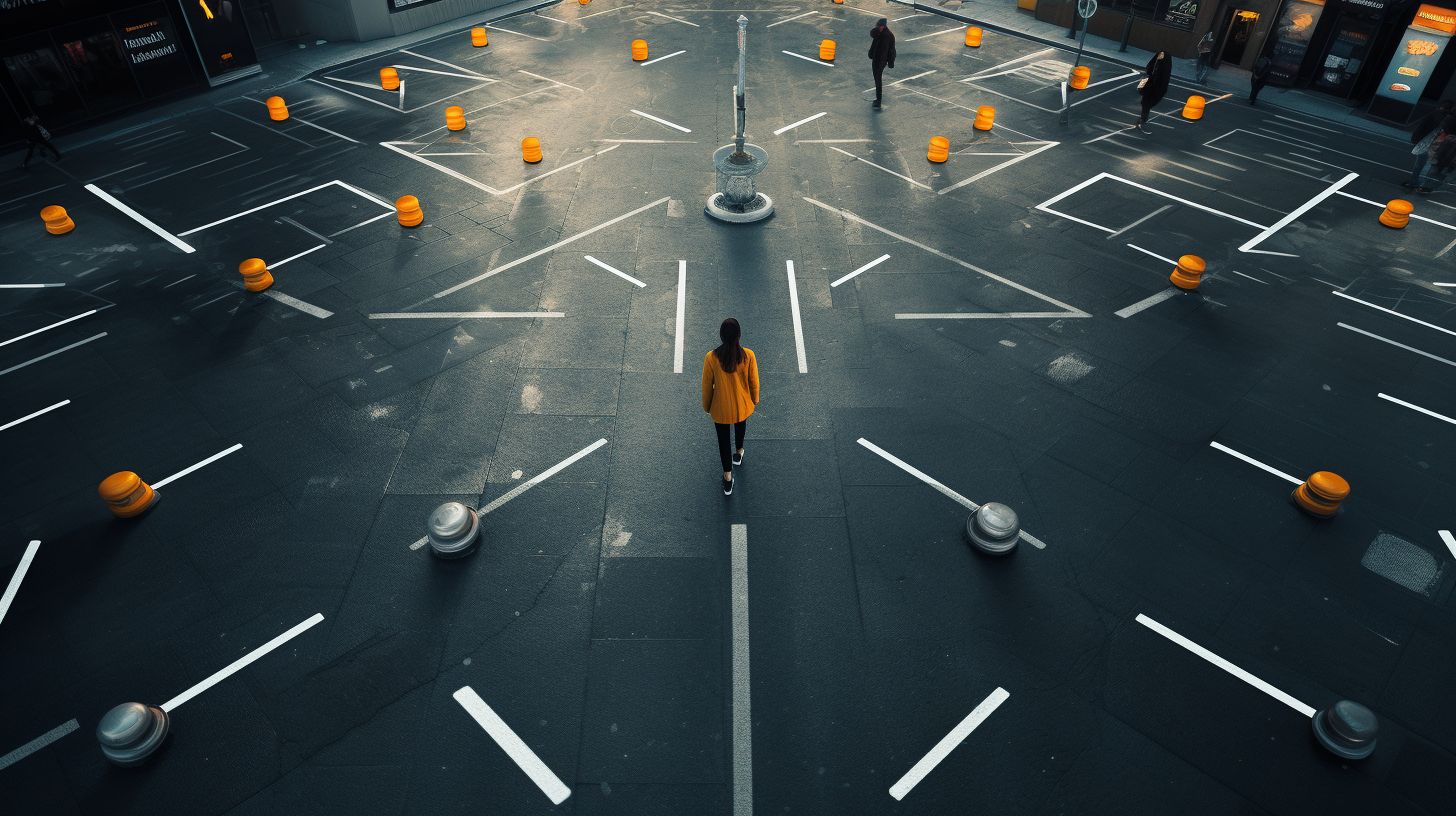A person at a crossroad with arrows pointing in different directions.